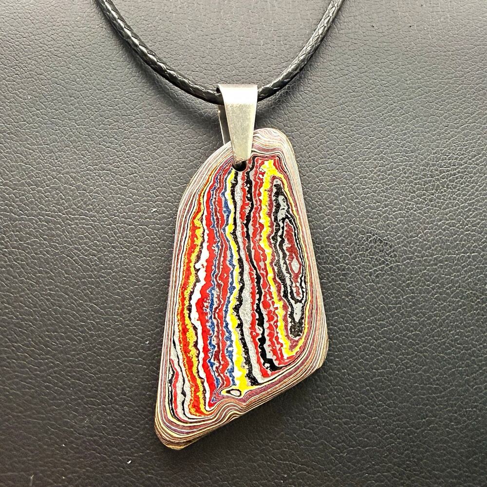 Handmade Fordite Pendant Necklace Detroit Motor Agate 18" Black Cord Colorful